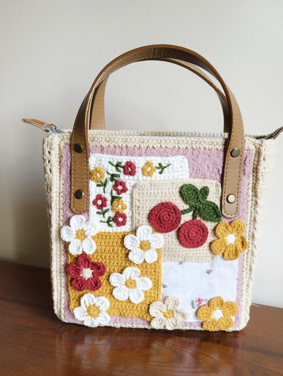 Handmade Handbags - Handmade Crochet Floral Patchwork Tote Bag - Pink, Cream & Mustard